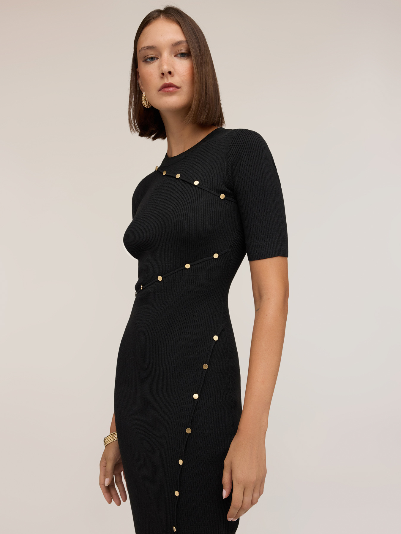 Ribbed knit sheath dress with button detailing image number 3