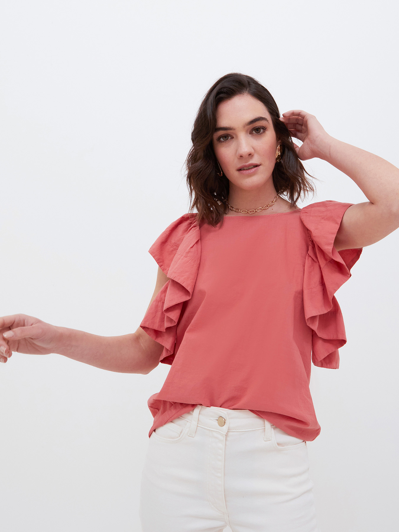 Blusa in mussola con maniche a volant image number 0