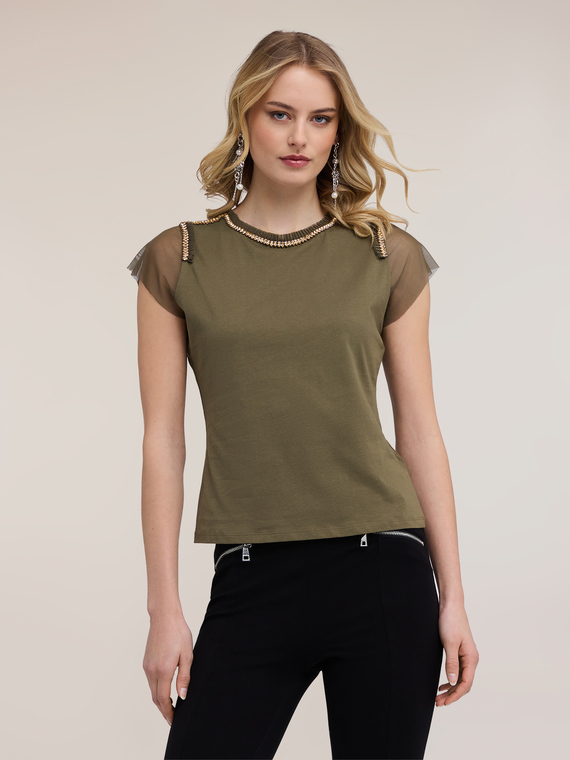 T-Shirt mit T&uuml;ll&auml;rmel und Schmuckstickereien
