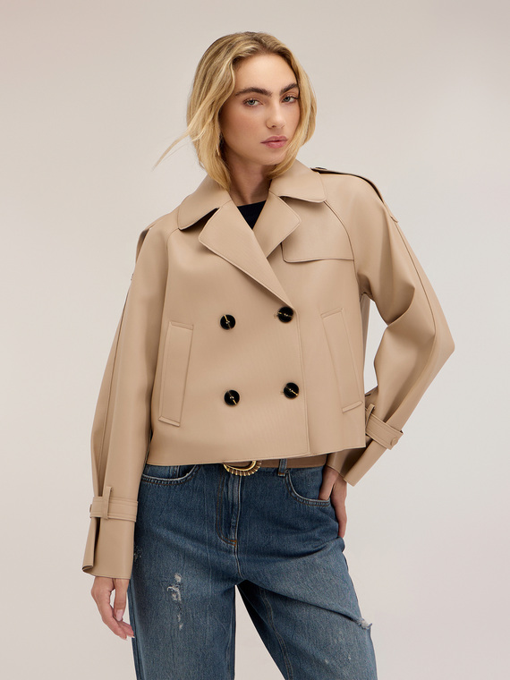 Short double-breasted trench coat with epaulettes