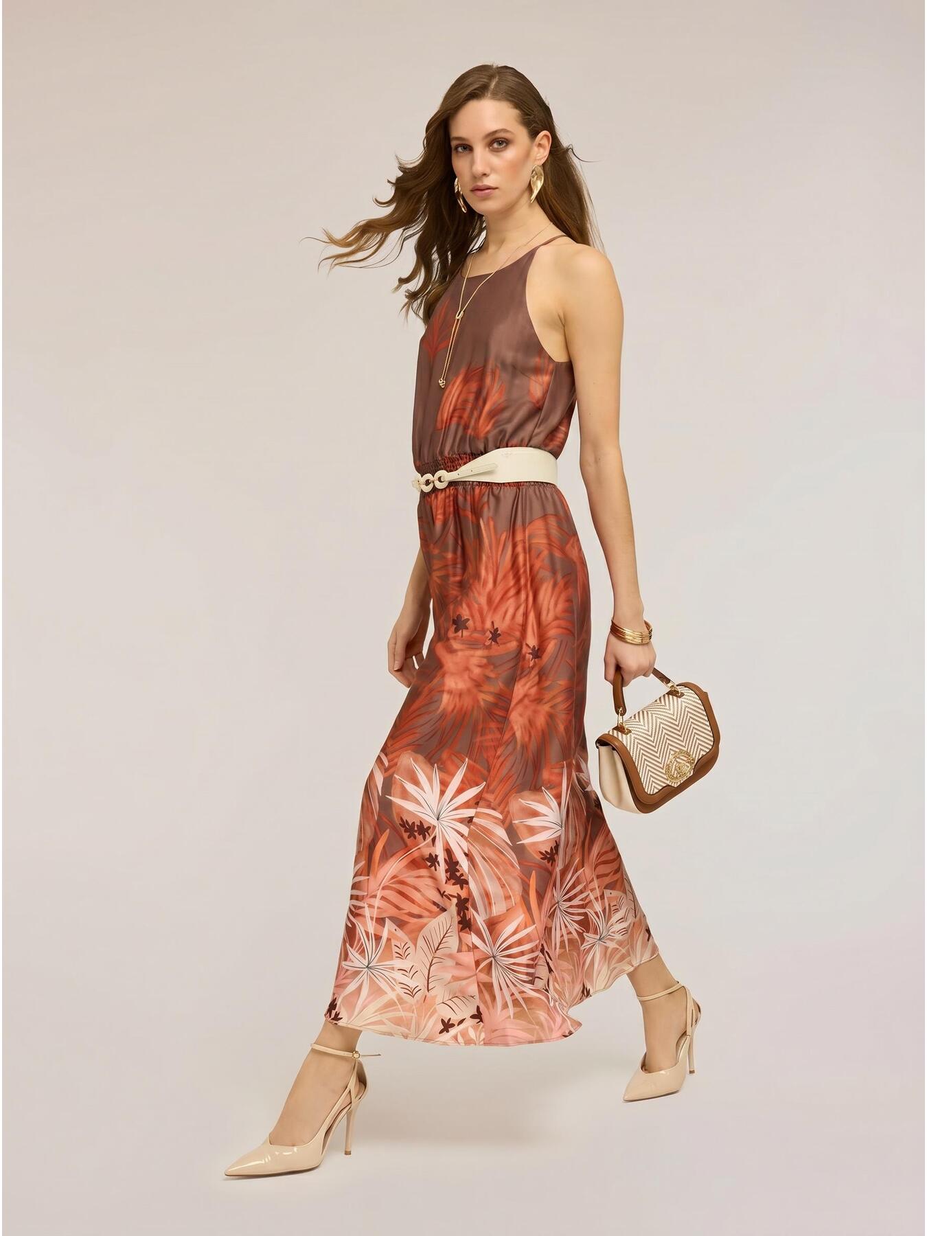 Long satin dress with tropical print image number 2