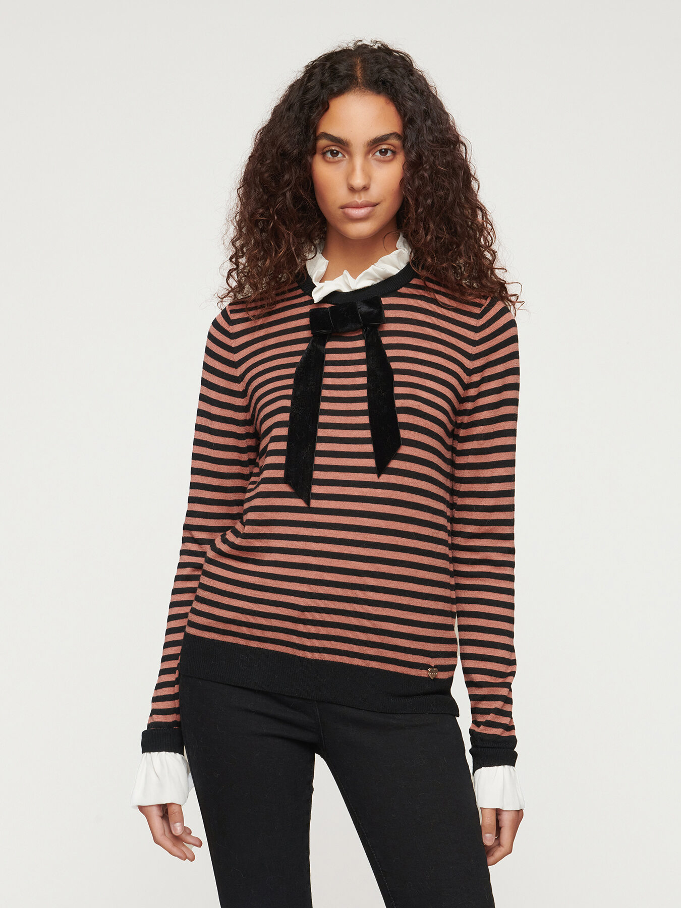 Striped sweater with collar and bow image number 0