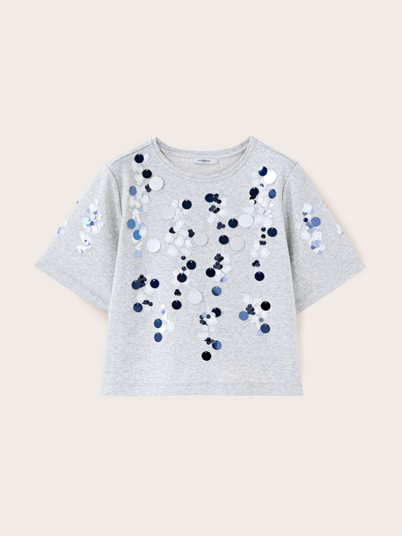 Felpa corta in jersey con maxi paillettes