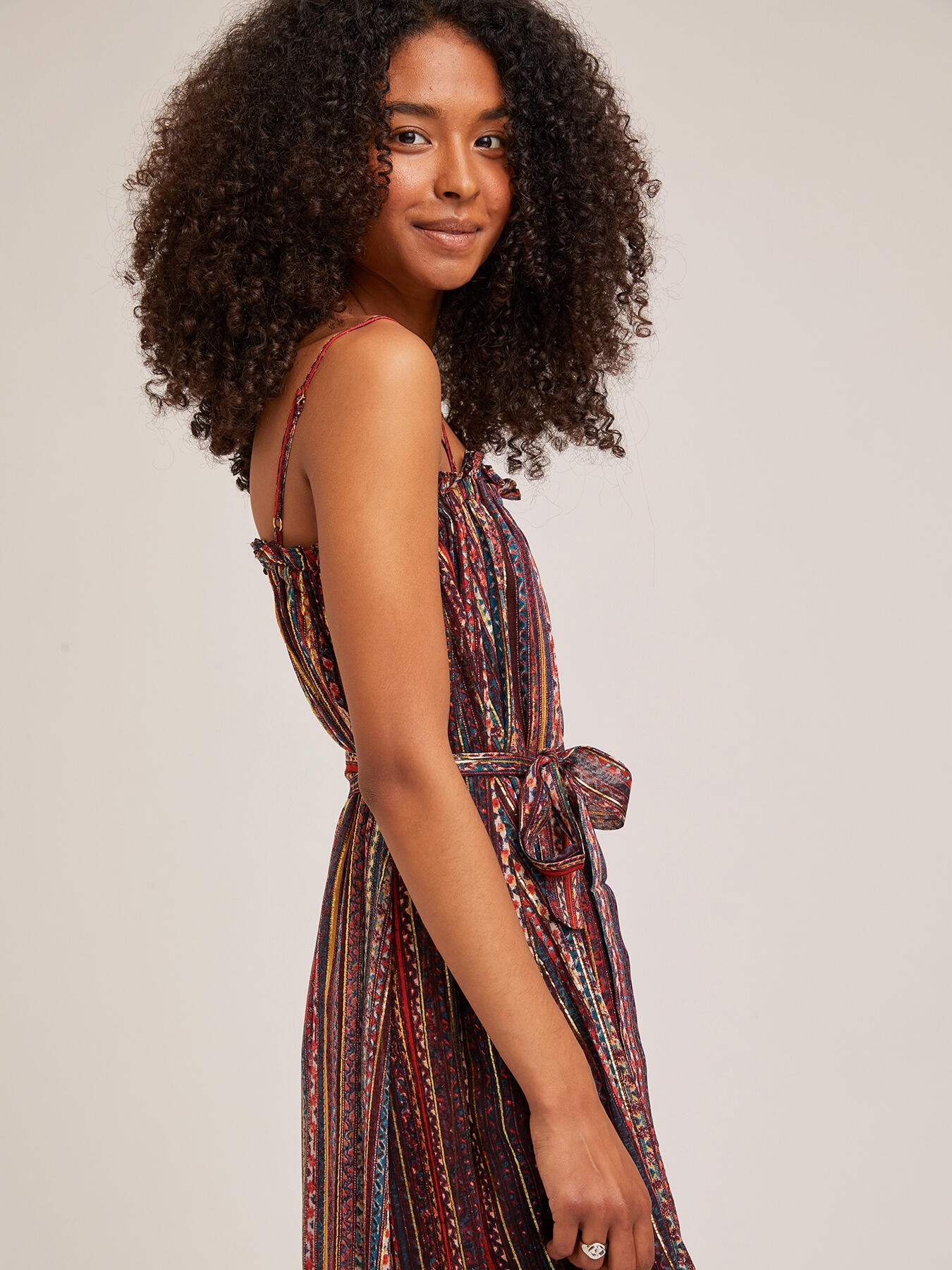 Long oversized lurex striped dress with ethnic pattern image number 2