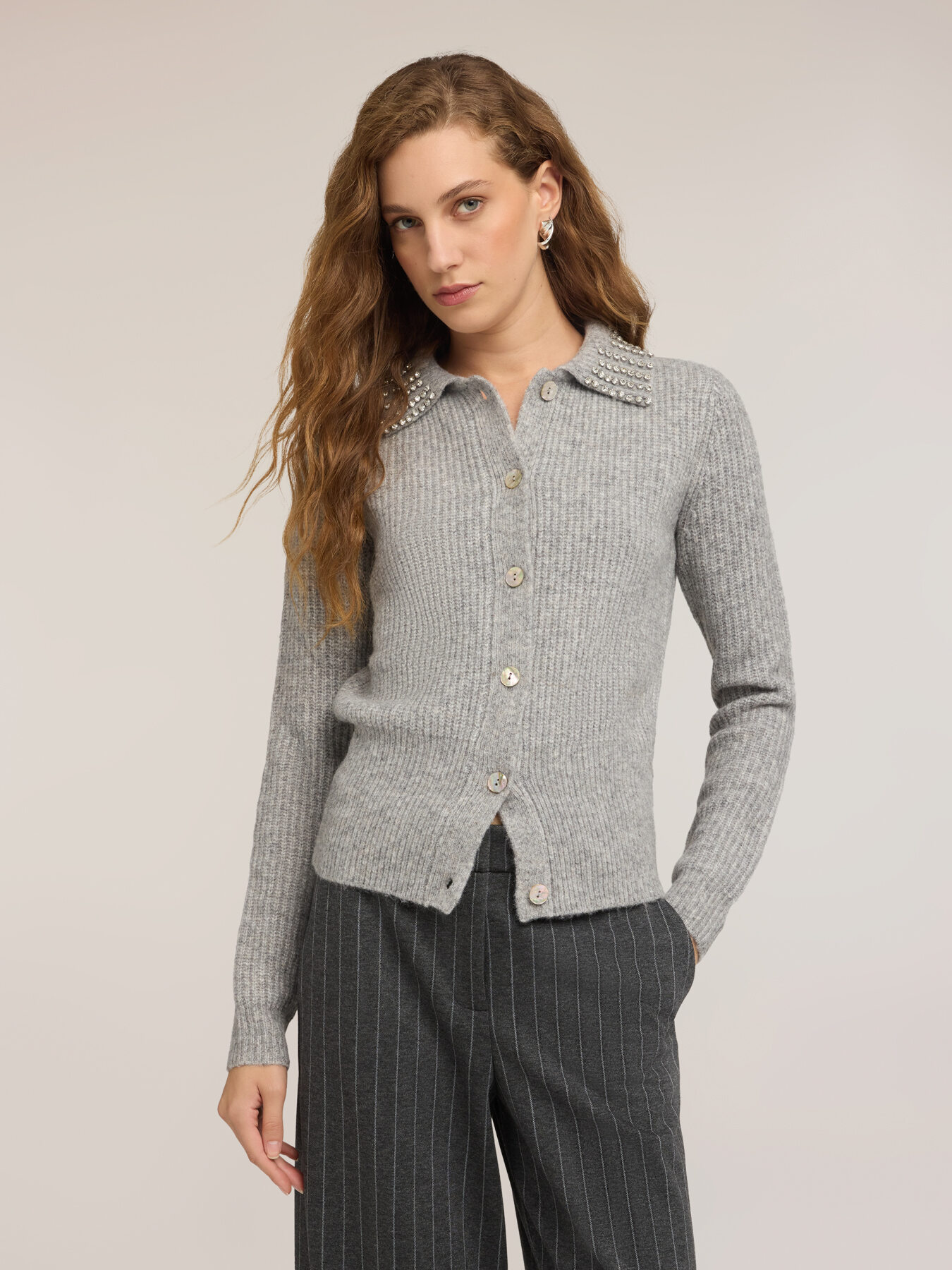 Knit cardigan with jeweled collar image number 0