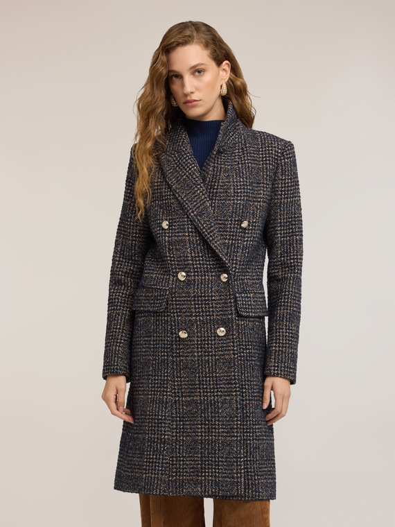 Double-breasted check wool-blend coat