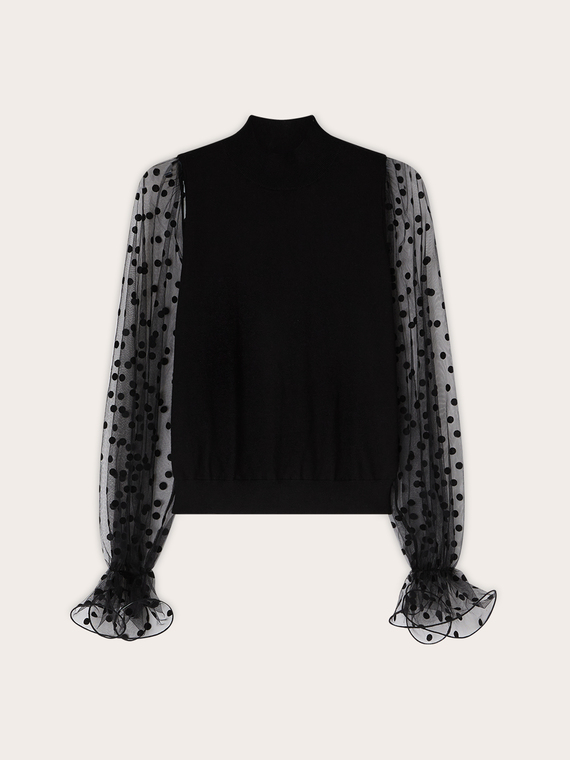 Jersey de cuello alto en viscosa con mangas de tul