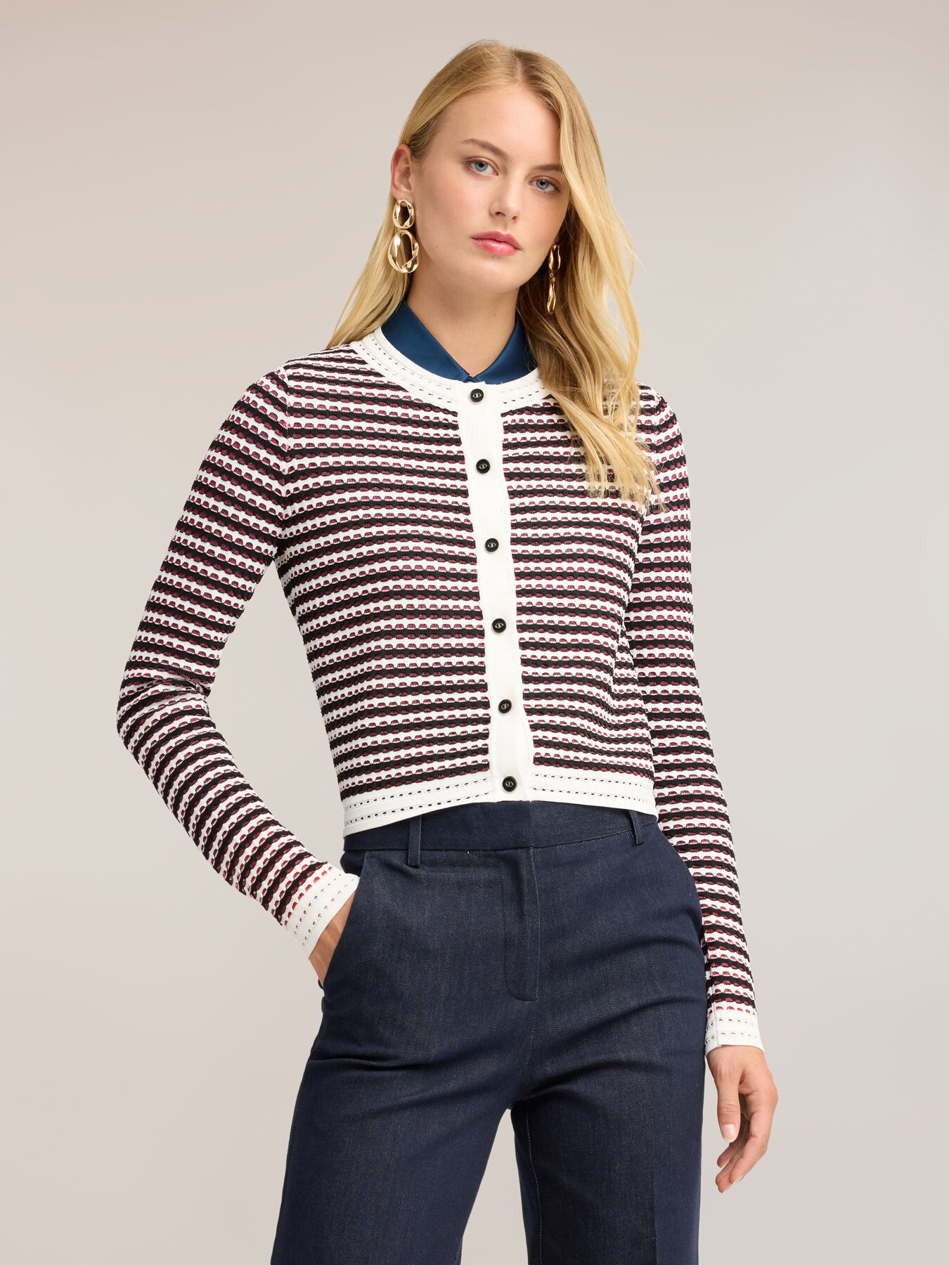 Striped openwork knit cardigan image number 0