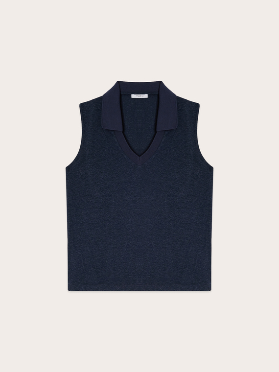 Top cu decolteu &icirc;n V din amestec de in cu guler