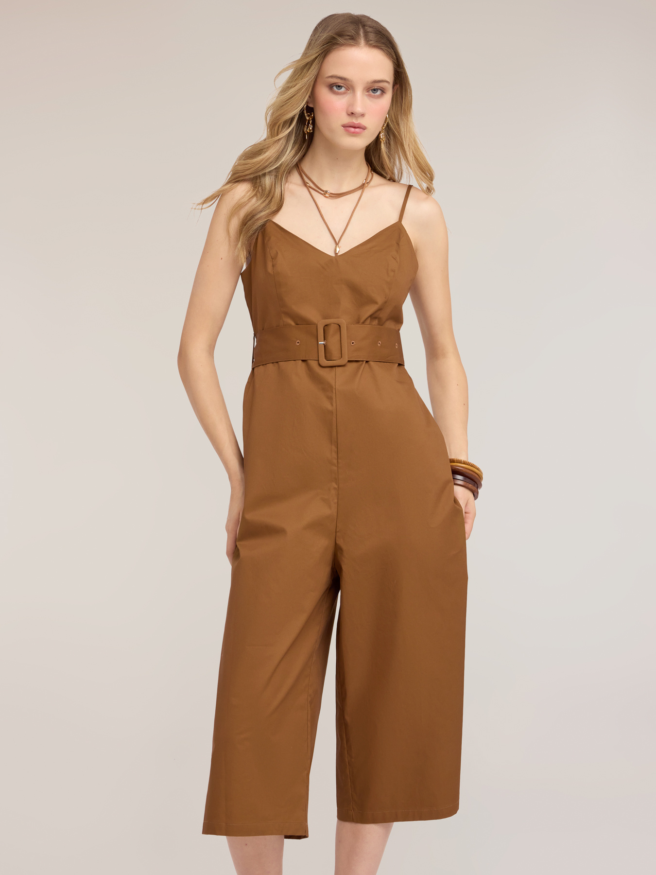 Salopetă din poplin cu curea și pantalon palazzo image number 2