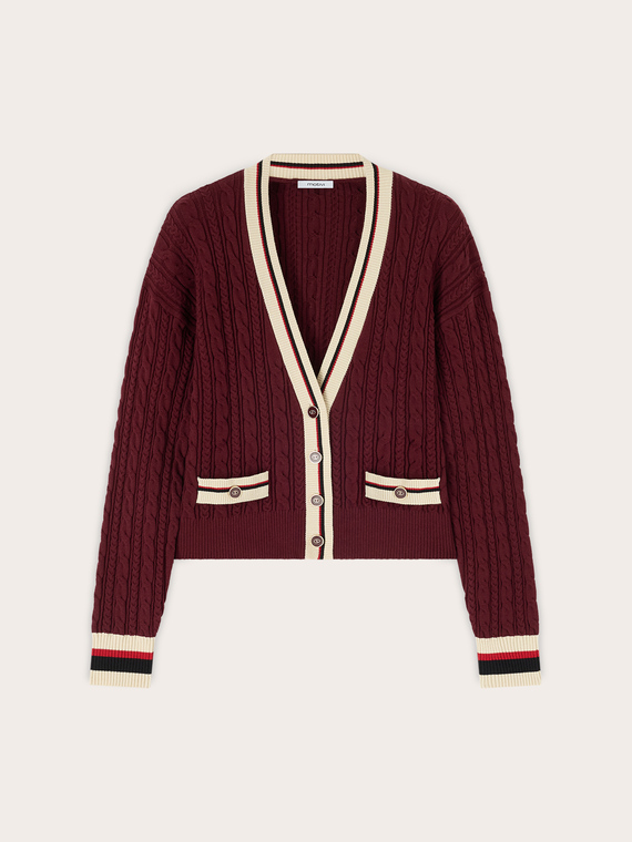 Short cable knit cardigan with striped trims