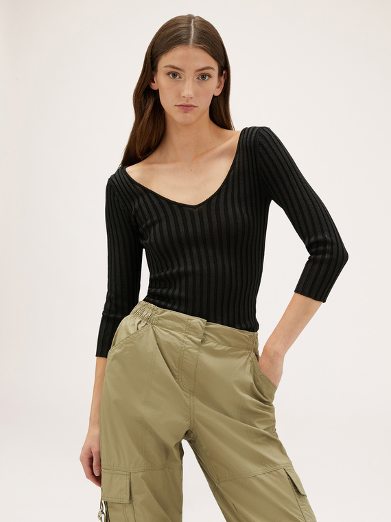 Ribbed lurex sweater with scoop neck