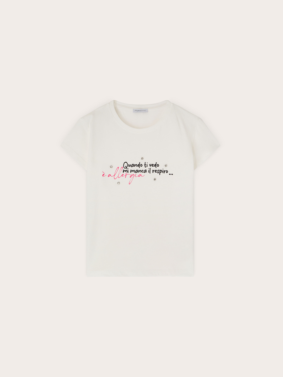 T-shirt avec inscription et broderie de pierres