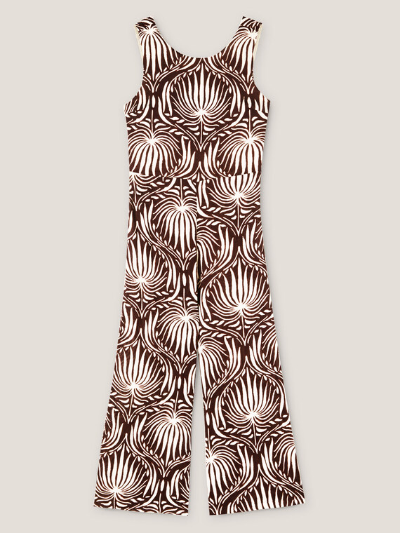 Foliage patterned long jumpsuit with back neckline