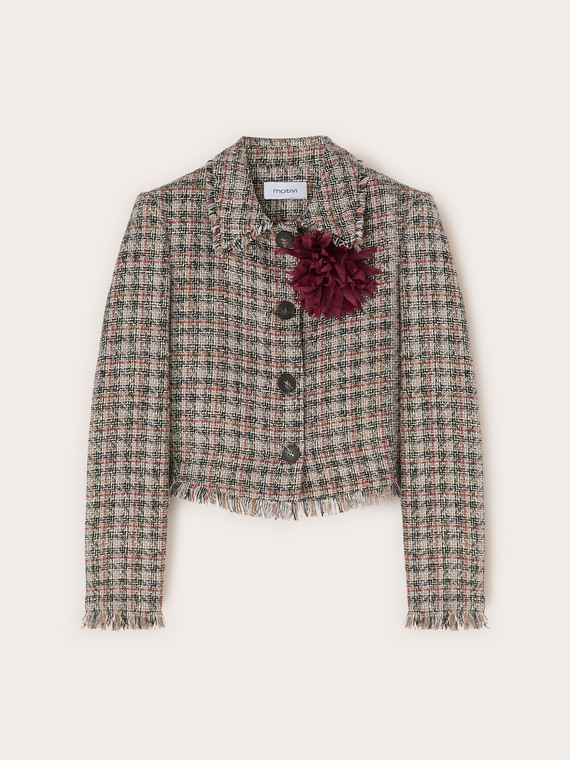 Kurze Boucl&eacute;-Jacke mit Fransen und Brosche