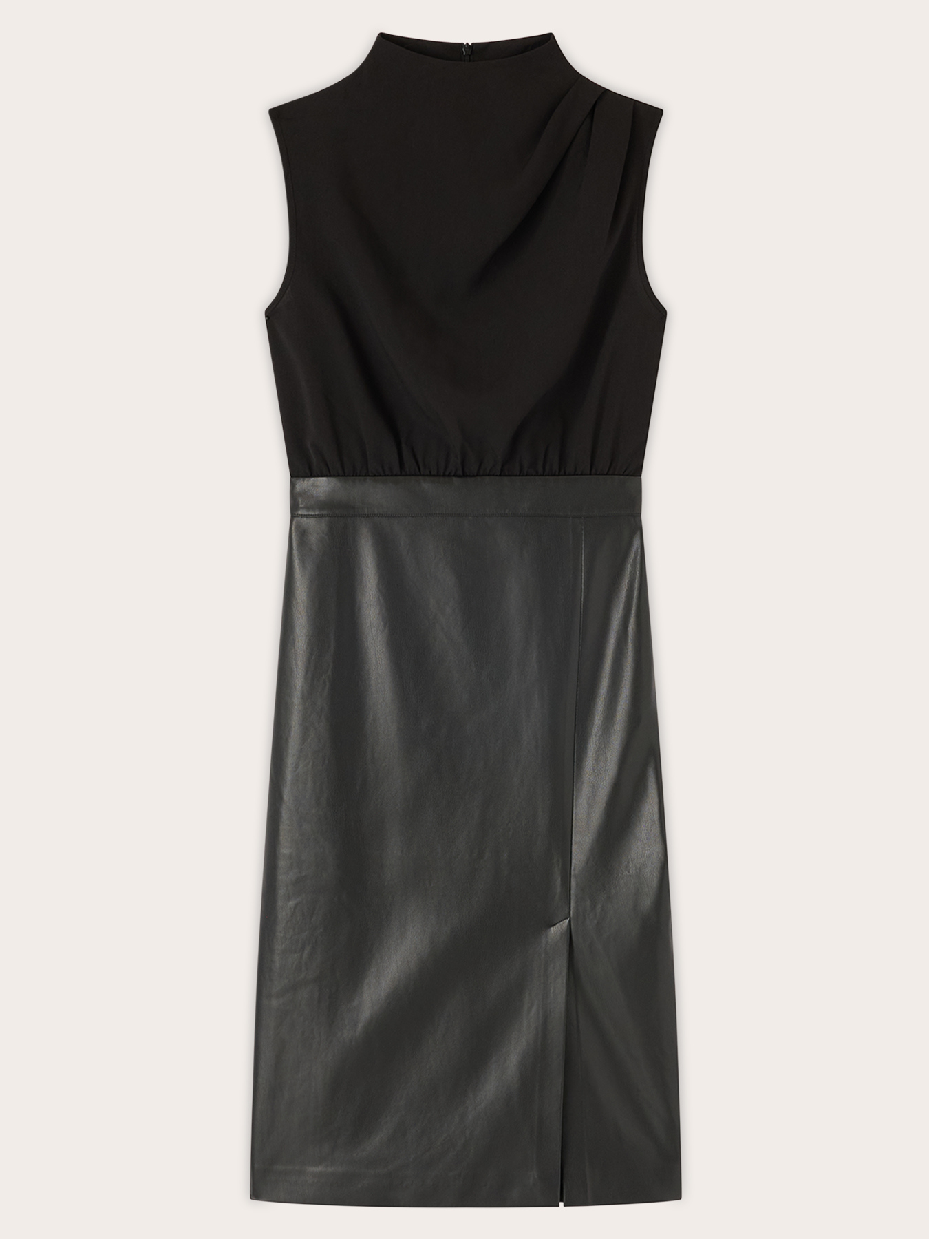 Bi-material sheath dress with draping and slit image number 4