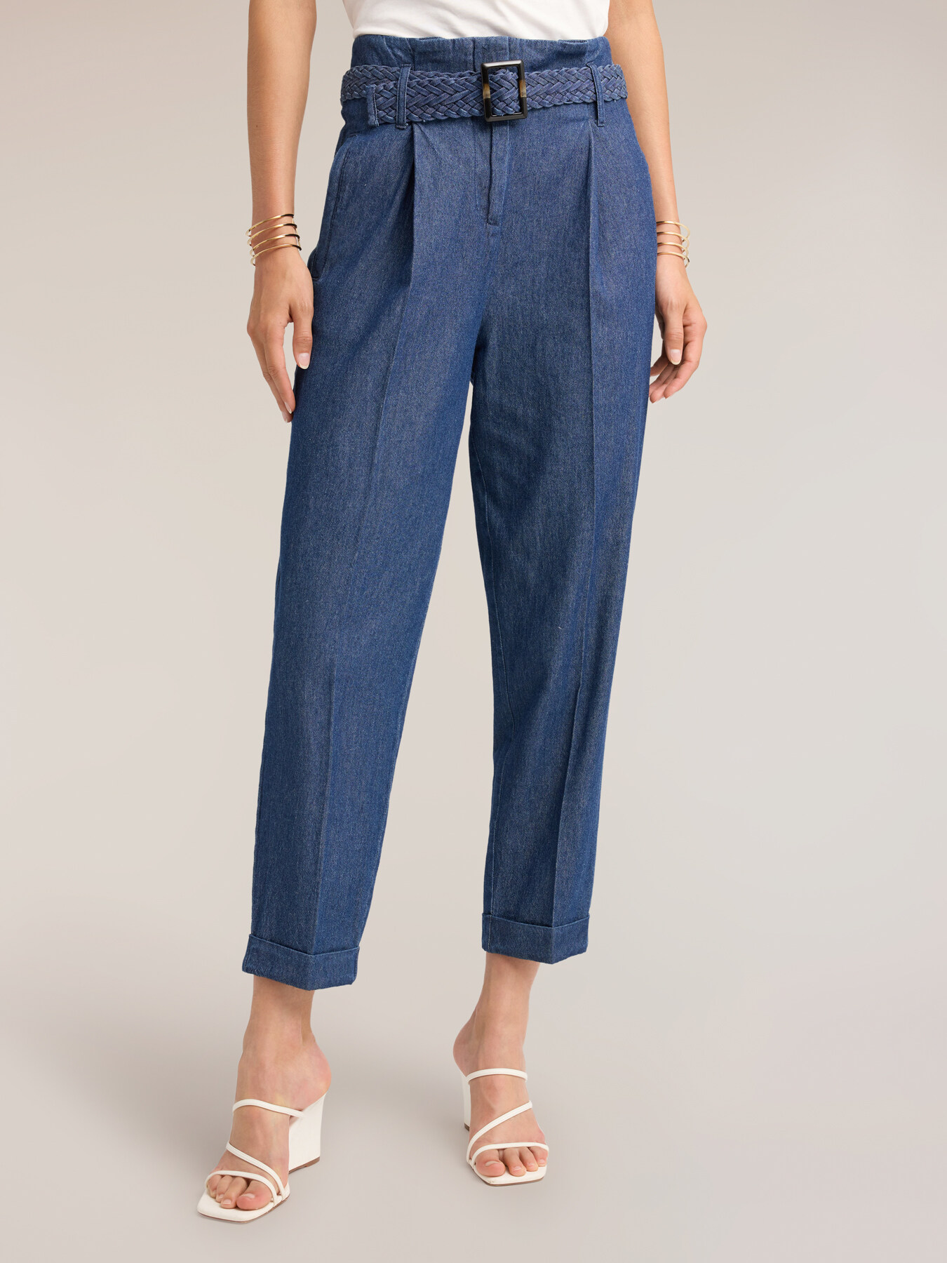 Jeans carrot cu curea &icirc;mpletită image number 2