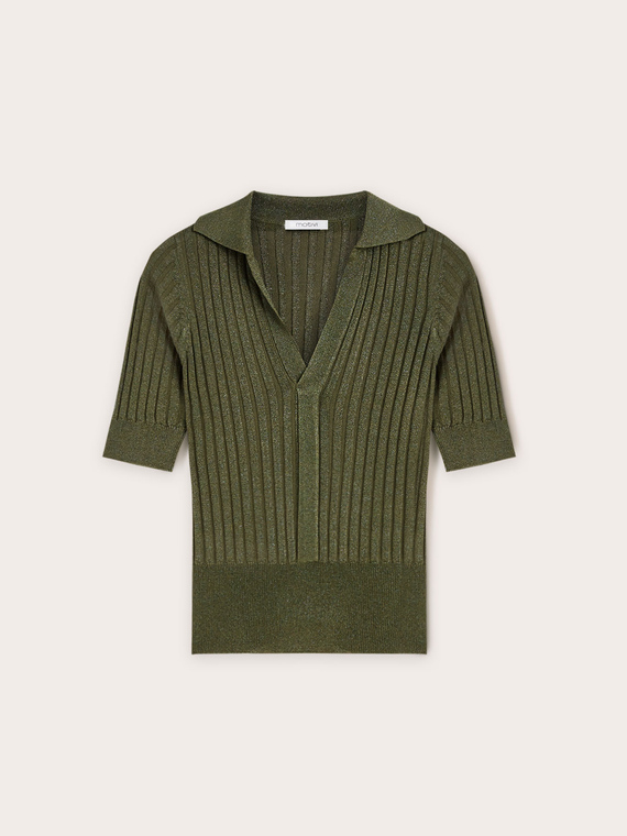 Gerippter Lurex-Pullover im Polo-Shirt-Stil