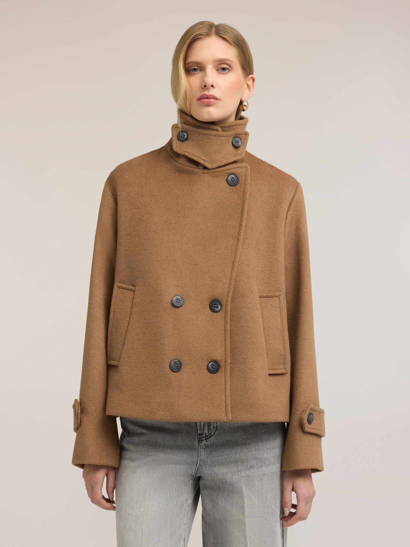 Manteau crois&eacute; en drap de laine m&eacute;lang&eacute;e image number 2