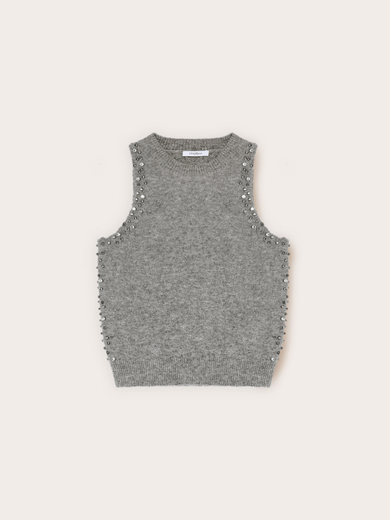 Sleeveless sweater in wool blend with stones