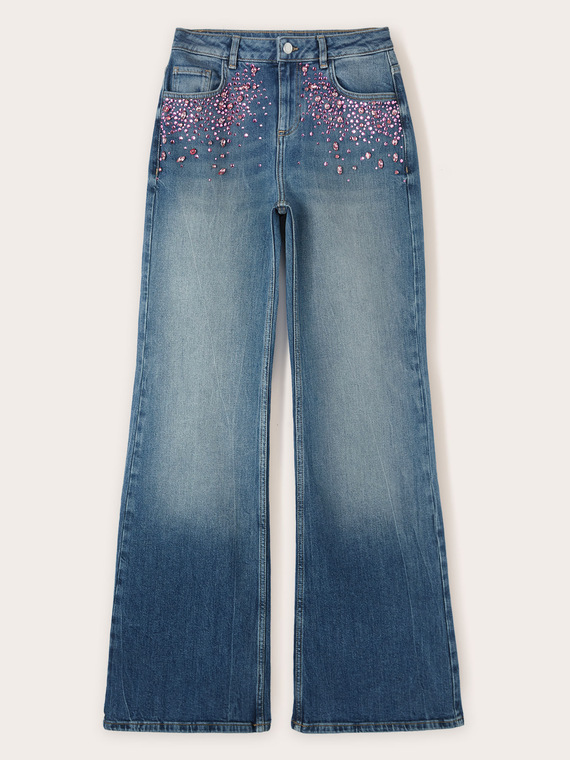 Wide leg jeans with gemstone embroidery