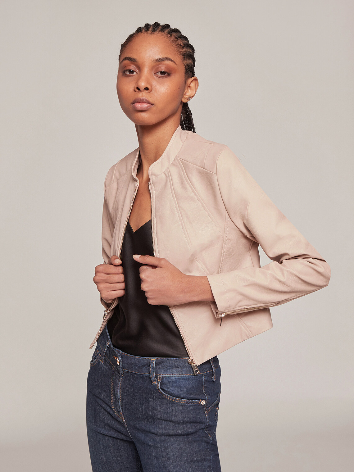Faux leather jacket with shaping cuts 