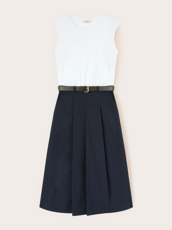 Midi dress with belt and poplin skirt