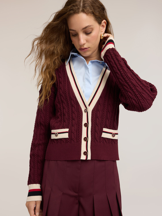 Short cable knit cardigan with striped trims