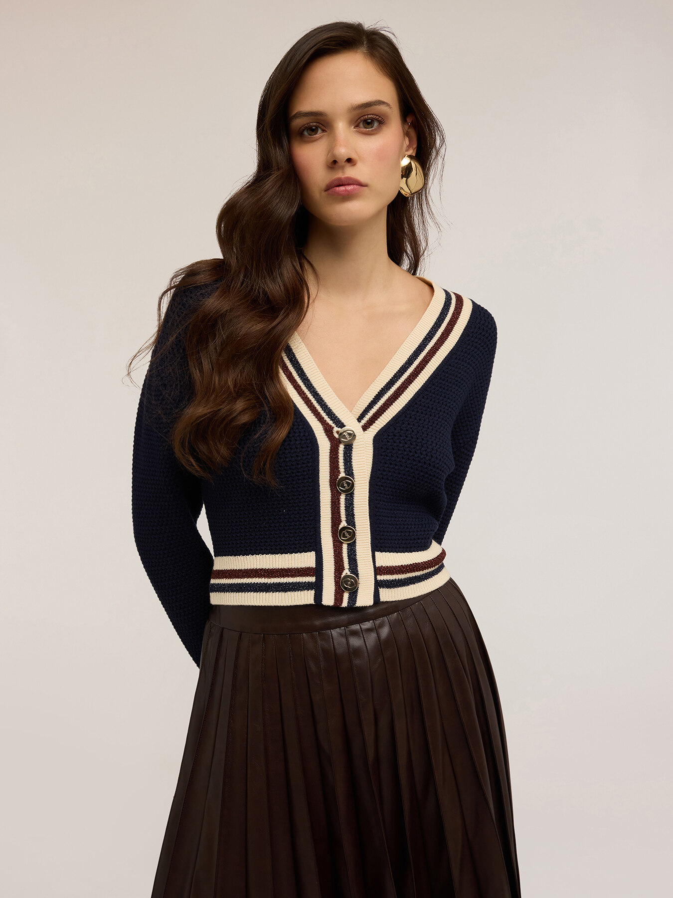 Short knitted cardigan with striped edges image number 0