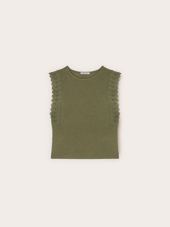 Mixed linen T-shirt with lace inserts
