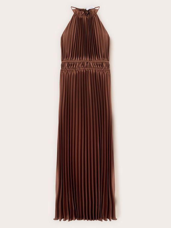 Long pleated satin dress with back drop