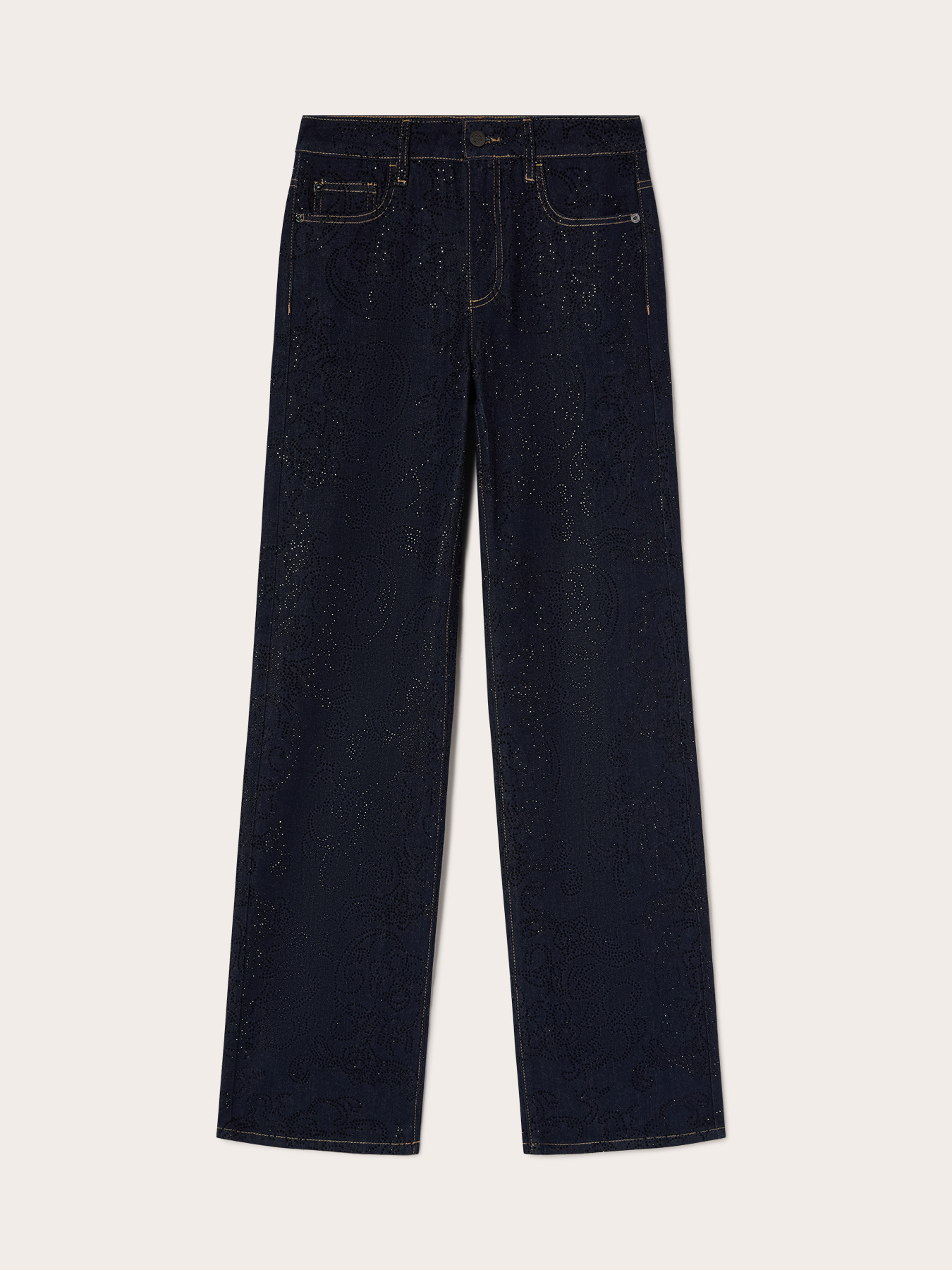 Jeans palazzo con strass all over image number 4