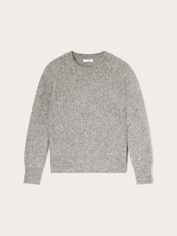 Pull c&ocirc;tel&eacute; en laine m&eacute;lang&eacute;e avec pierres