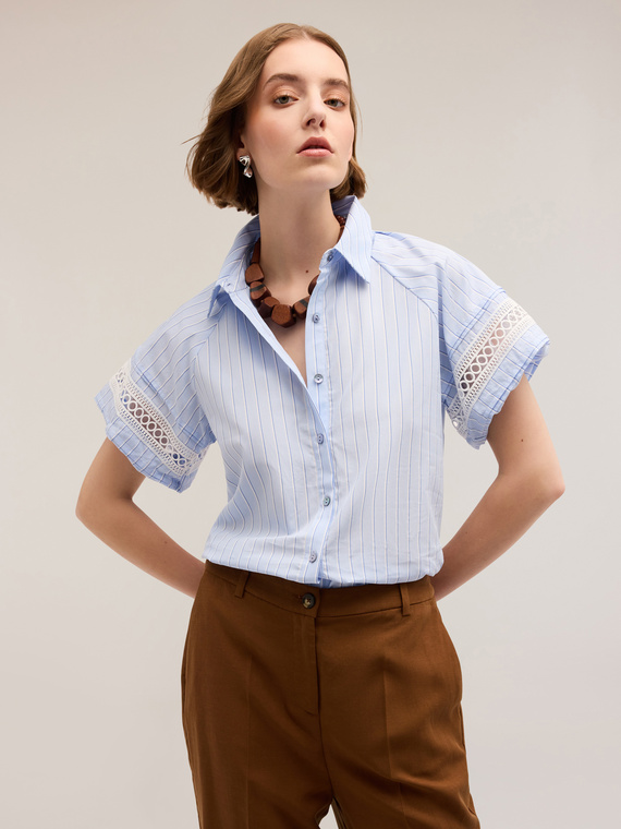 Motivi Camicia a righe con maniche ricamate Donna, Azzurro, Taglia 40