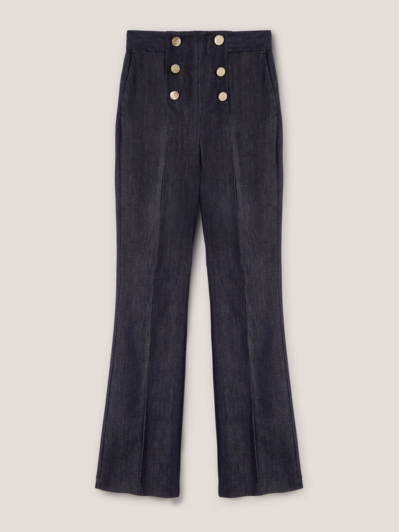 High-waisted flared jeans with button feature