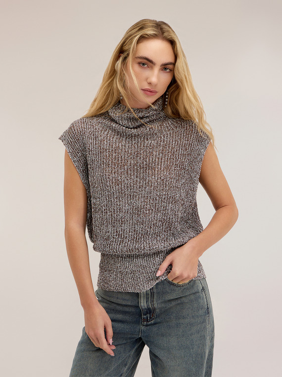 Sleeveless laminated openwork knit turtleneck