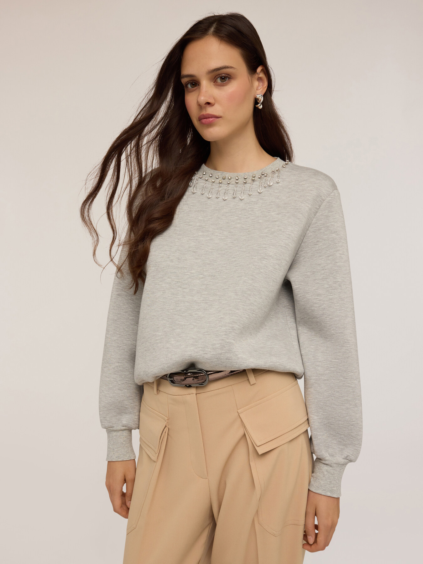 Hanorac din scuba cu broderie de pietre image number 0