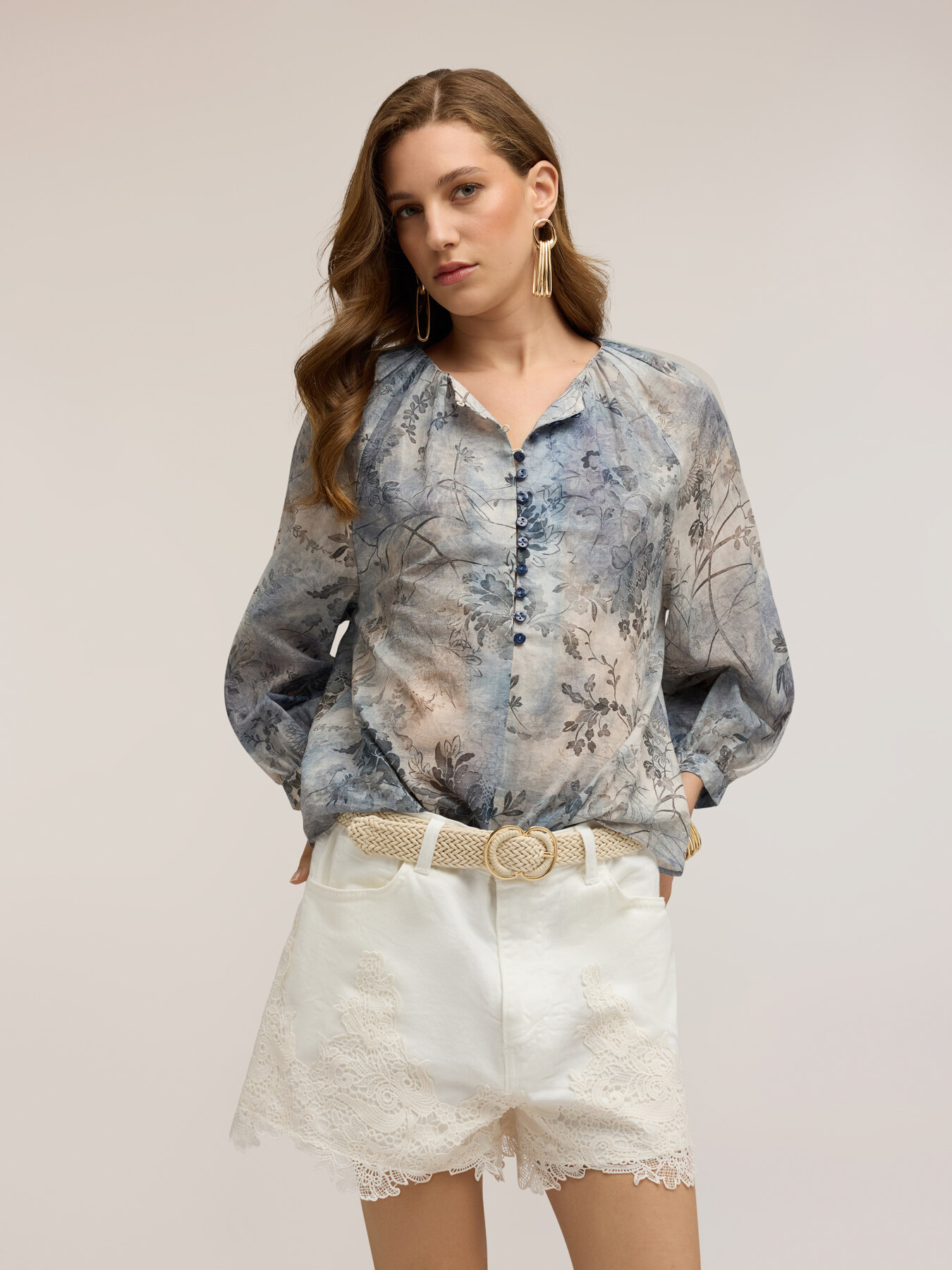 Cotton muslin blouse with print image number 2