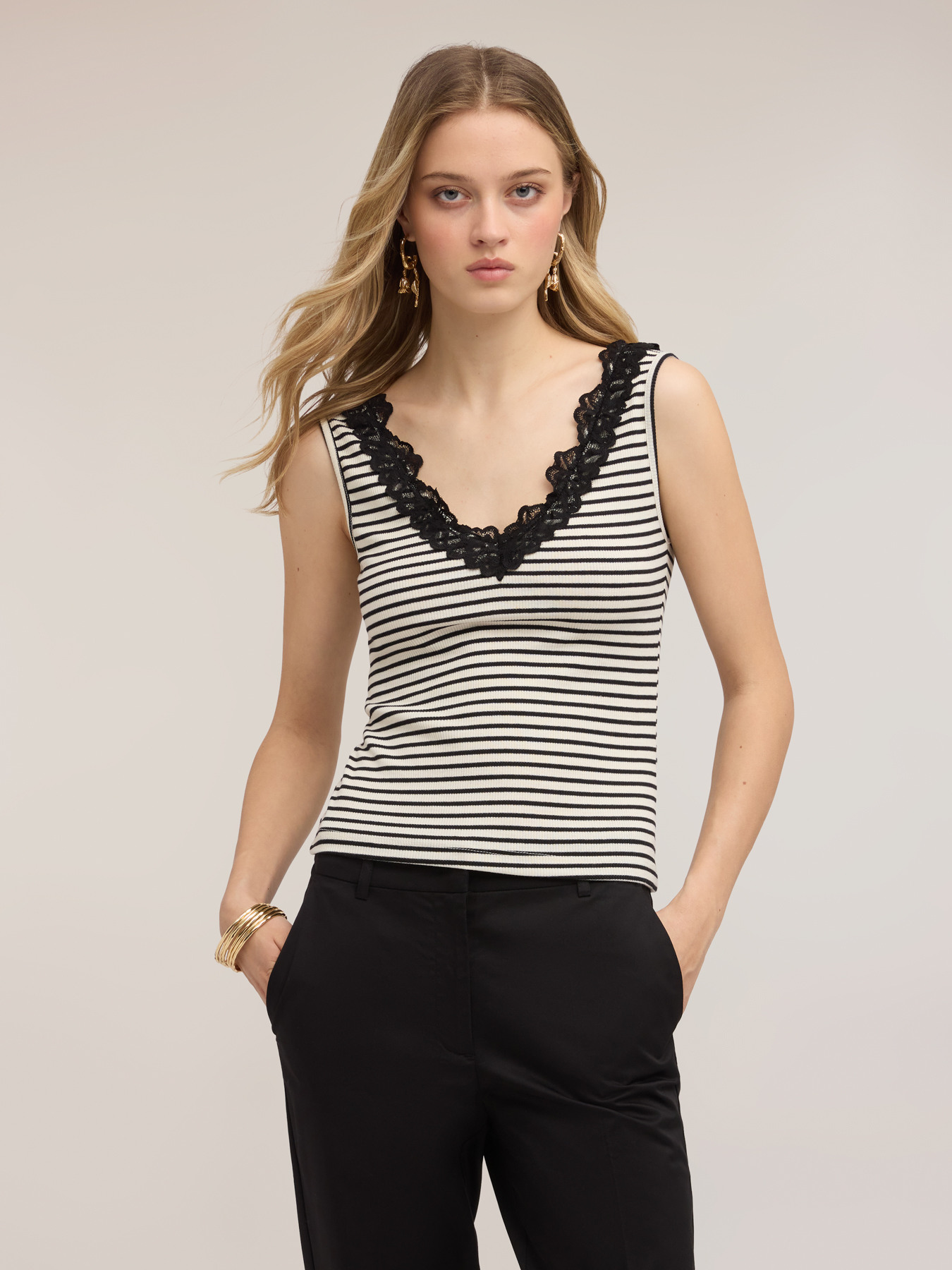 Striped top with lace trim image number 0