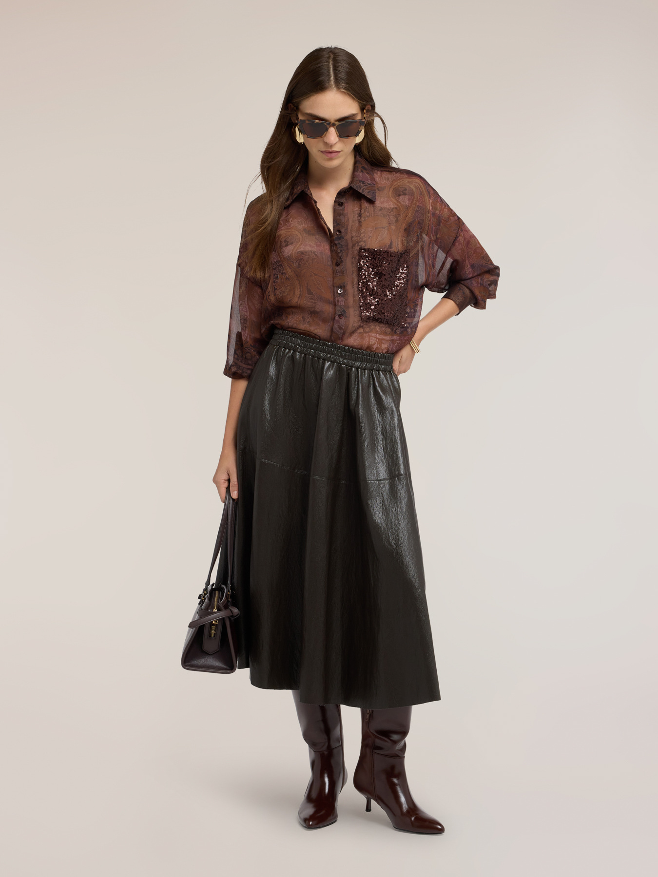 Midi A-line skirt in coated fabric image number 0