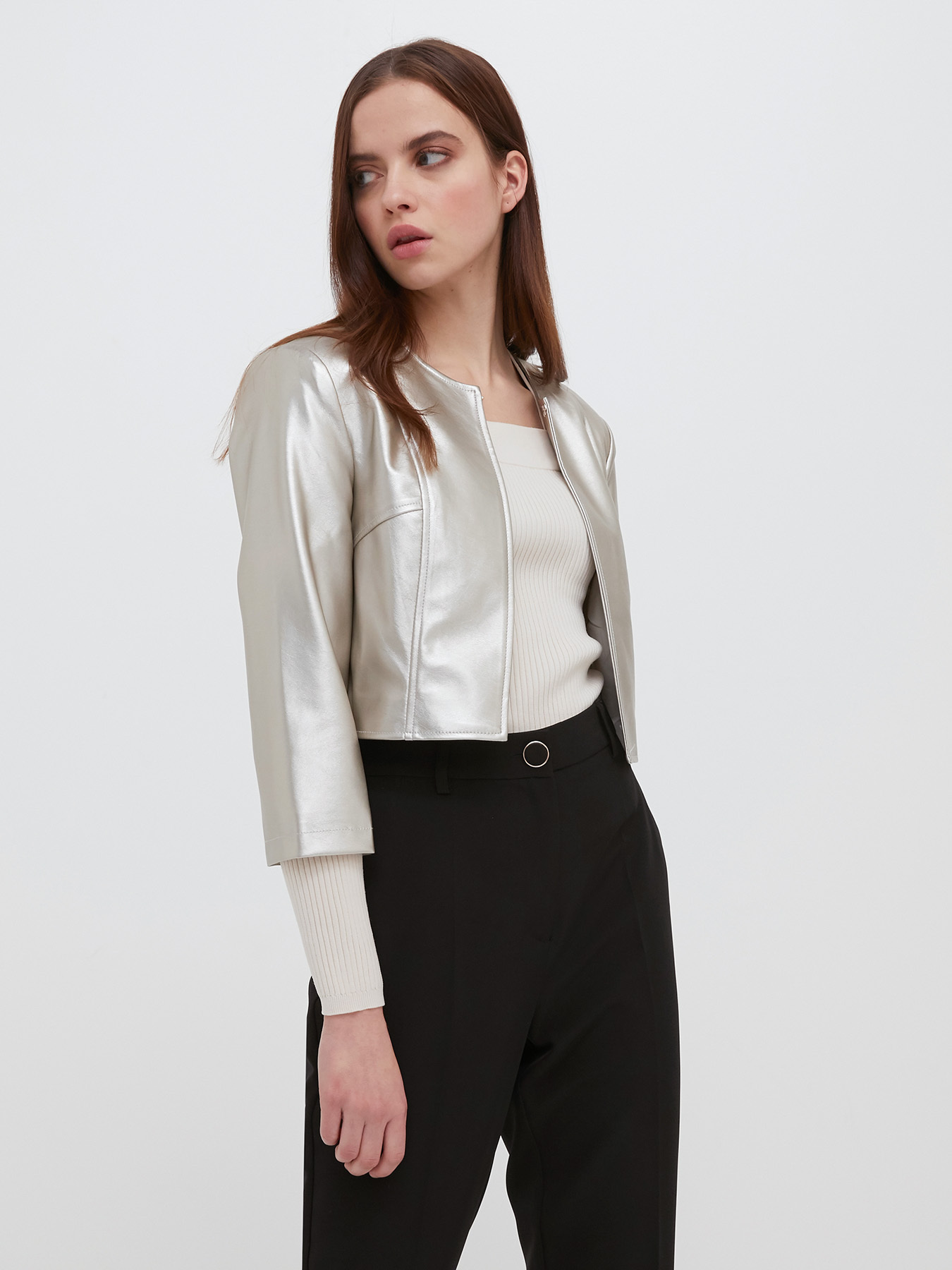 Faux leather collarless jacket image number 2