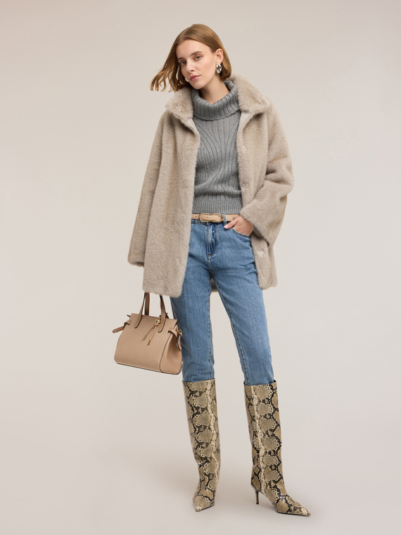 High-neck fur-effect coat