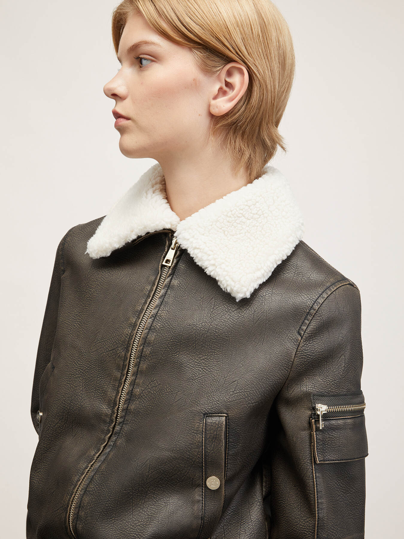 Coated fabric bomber jacket with plush cowl image number 2