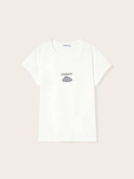 T-shirt with lettering and rhinestone appliqu&eacute;s