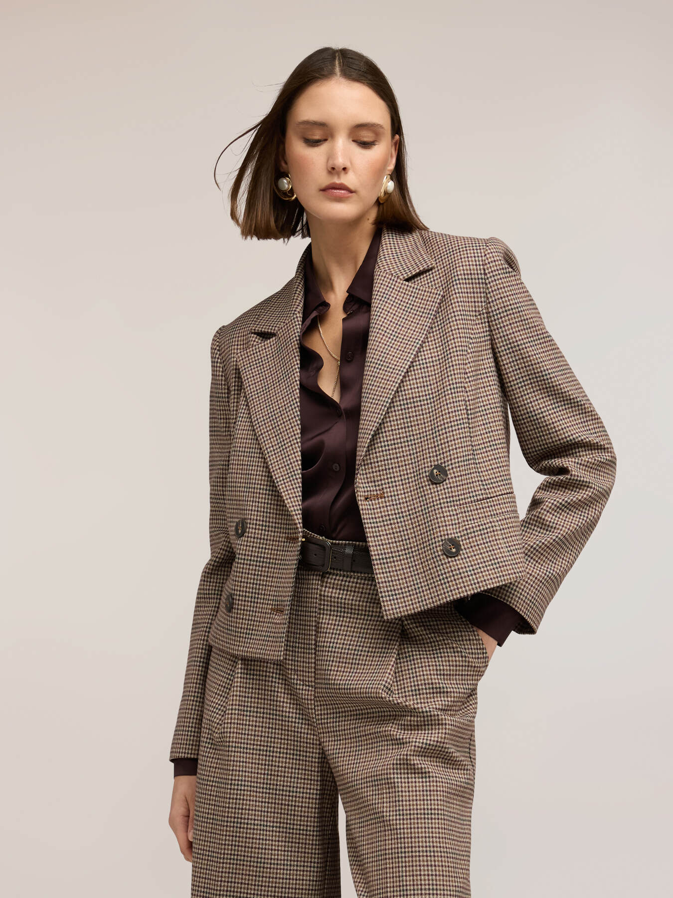 Short double-breasted jacket with check pattern image number 1