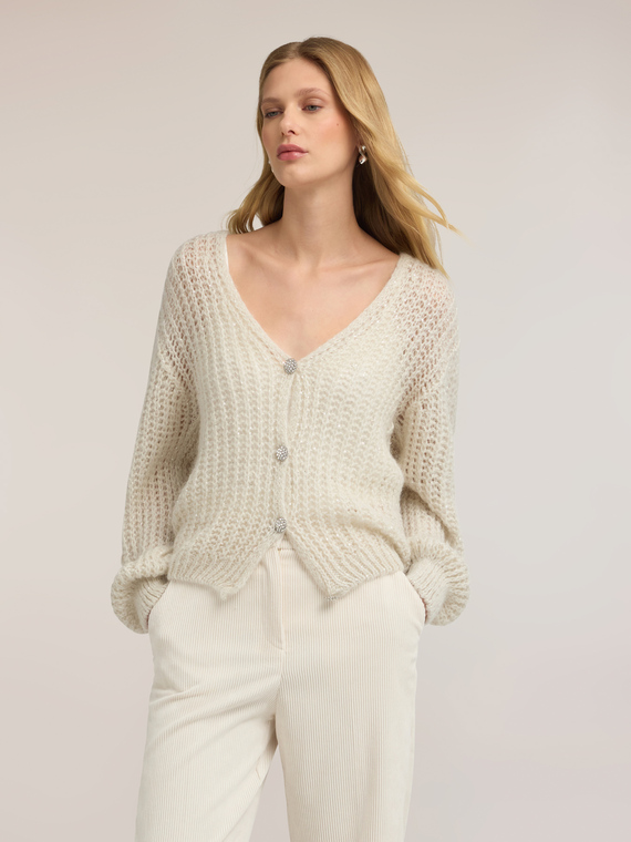 Cardigan en tricot m&eacute;lang&eacute; mohair avec paillettes