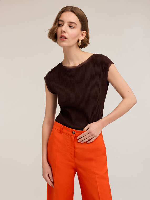 Motivi T-shirt con bordi in georgette Donna, Marrone, Taglia L