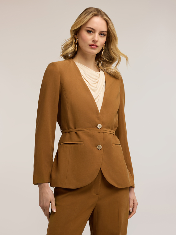 Collarless jacket with belt
