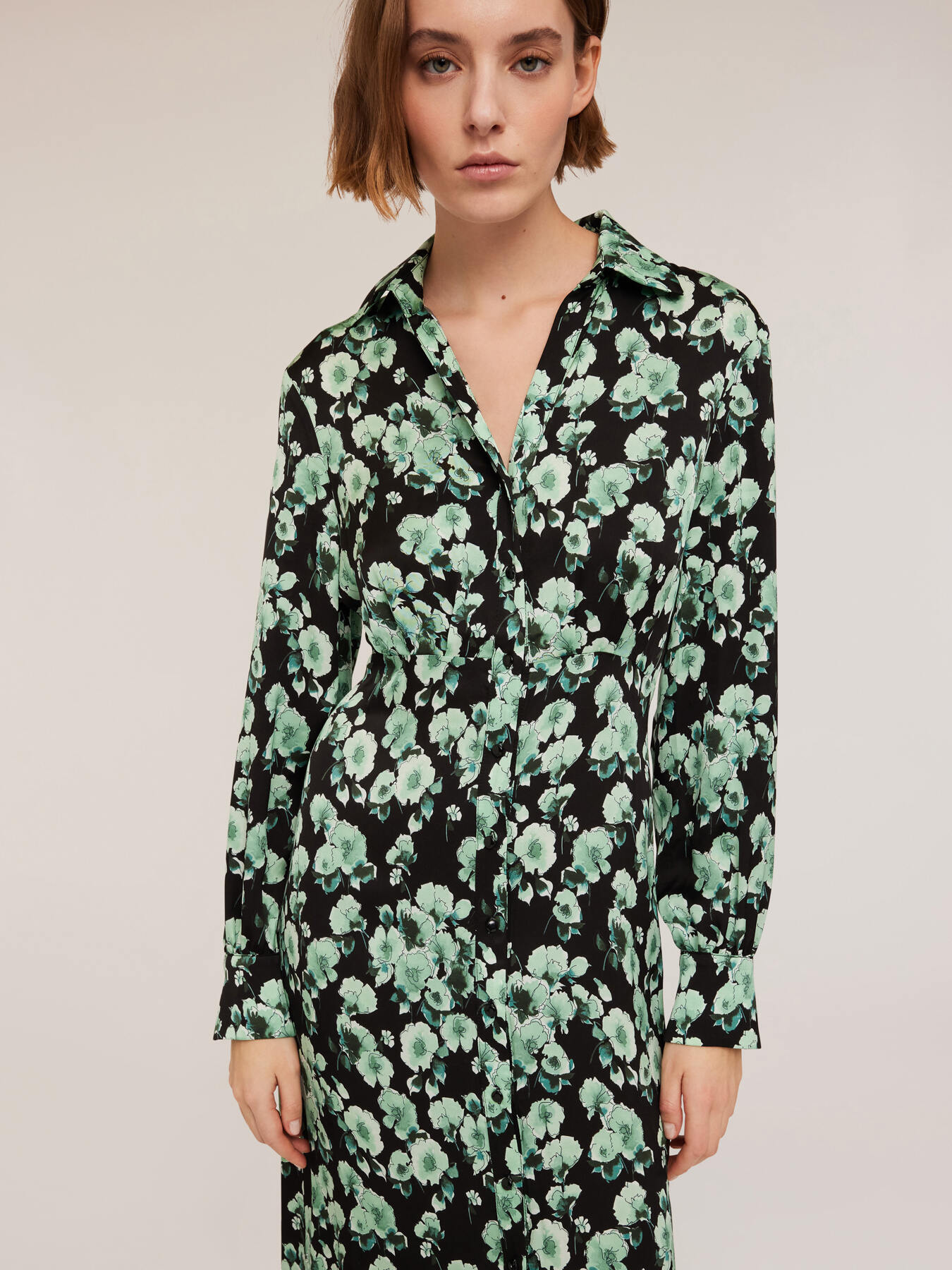 Rochie tip cămașă din satin cu imprimeu floral image number 2