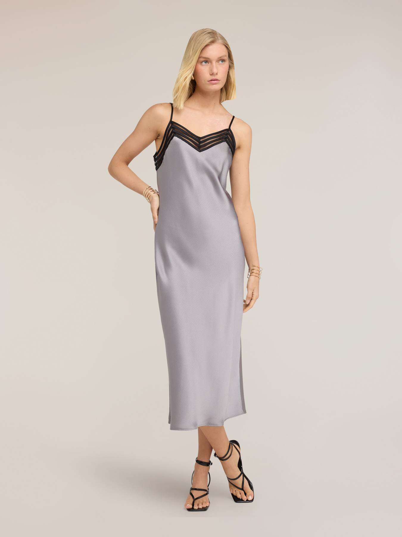 Long satin dress with tulle trim image number 2